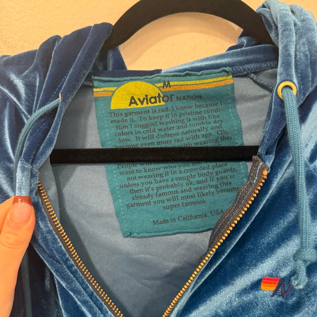 Aviator Nation Classic Blue Velvet Relaxed Zip Hoodie Rainbow Stripes M - Image 4