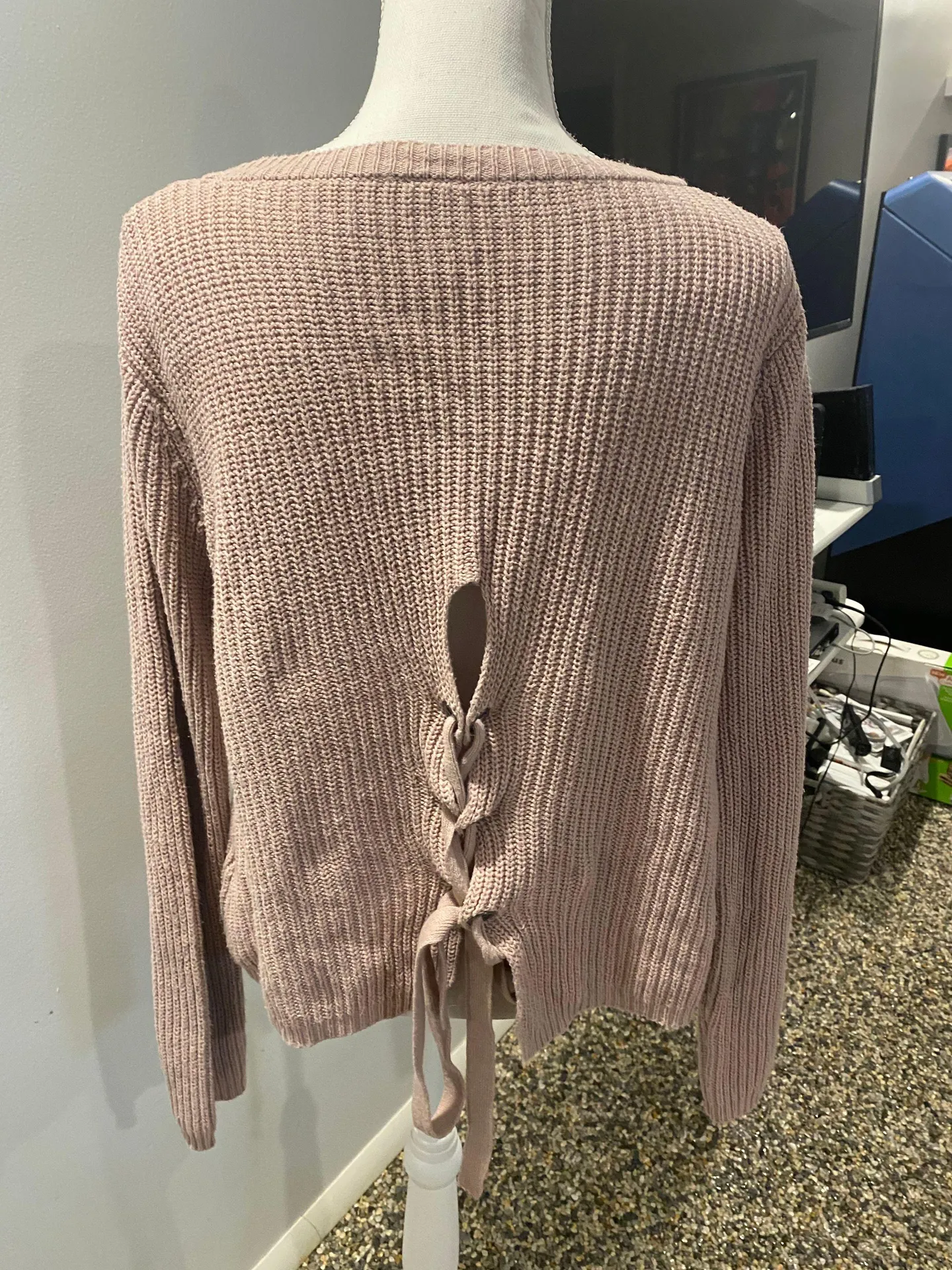 pink ribbon knit lace up sweater - Image 2