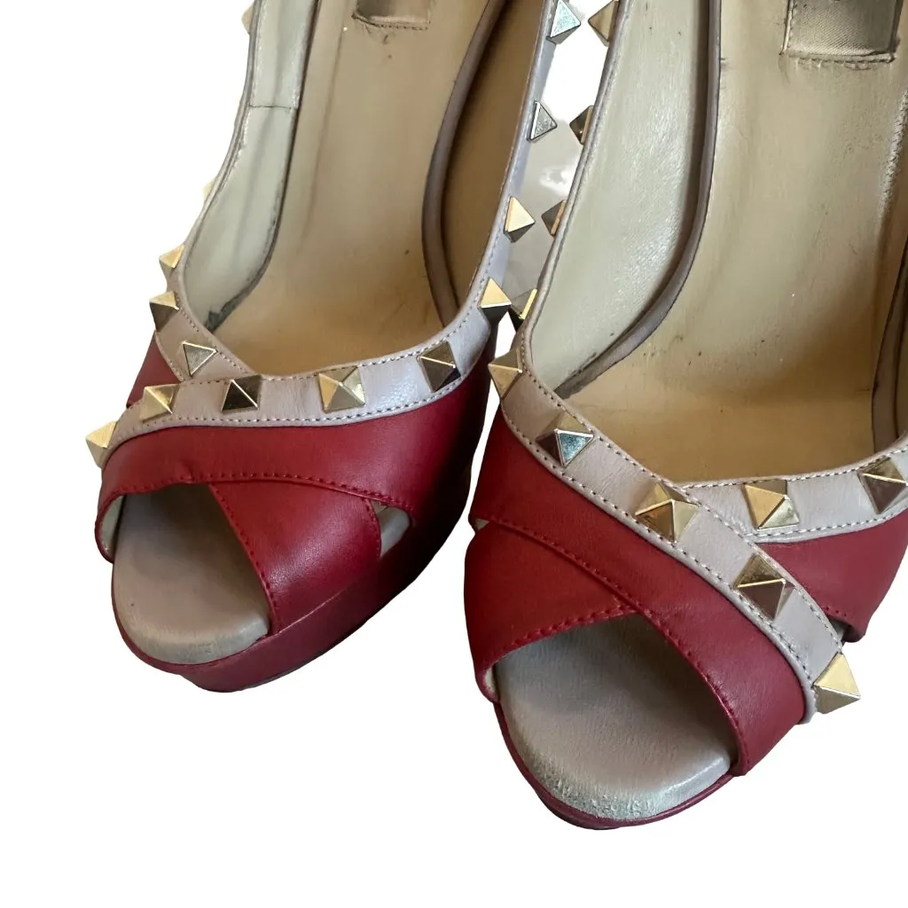 Valentino Garavani Rockstud Red Beige High Heel Pumps Shoes Sandals Size 38.5 - Image 5