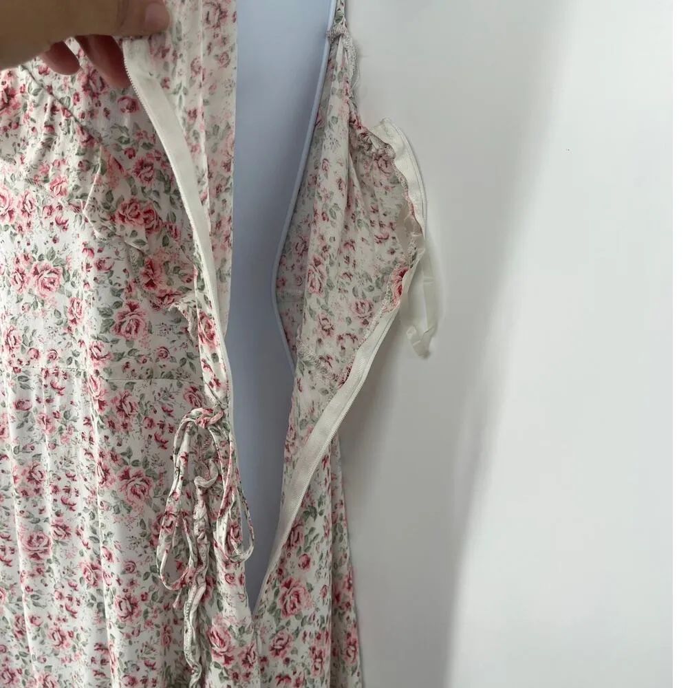 Hot Kiss Faux Wrap Y2K Dress Sz L CottageCore Coquette Dainty Floral Ruffle Hem - Image 5