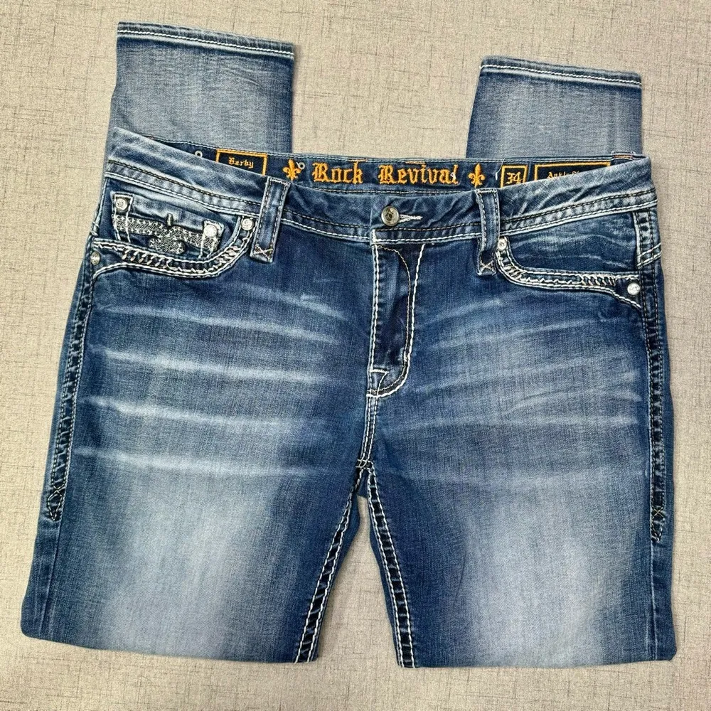Rock Revival Barby Skinny Ankle Jeans Distressed Stretch Bling Size 34 - Image 4