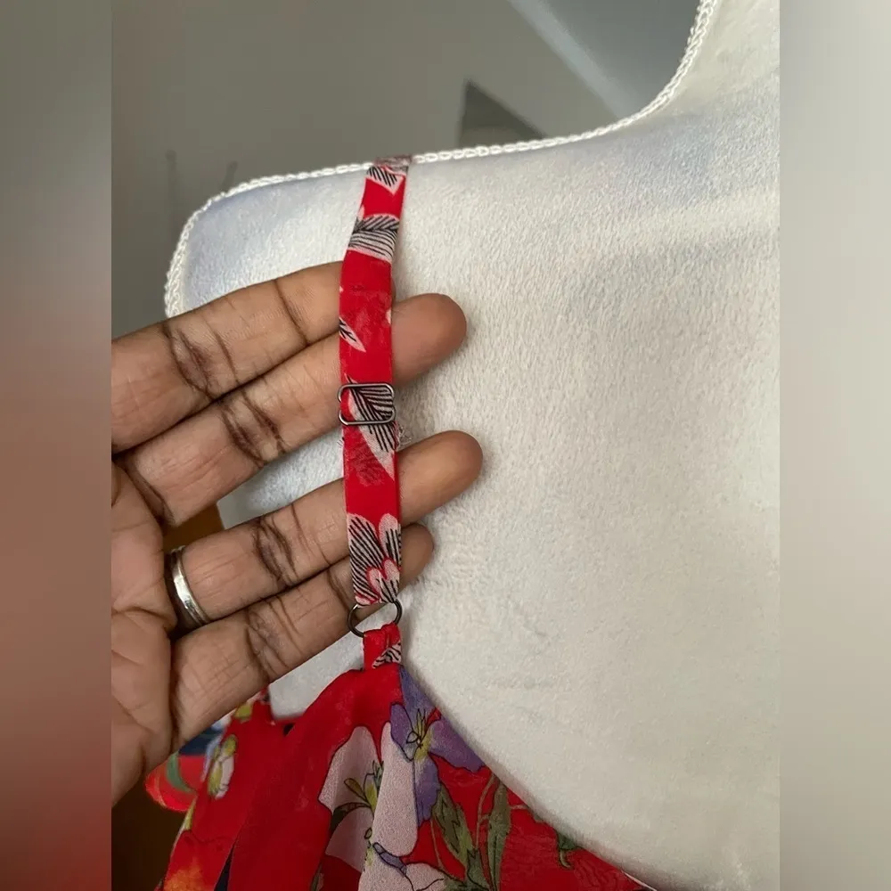 Anthropologi Boho Chic Floral Print Maxi Dress Red Black Spaghetti Strap XS - Image 7