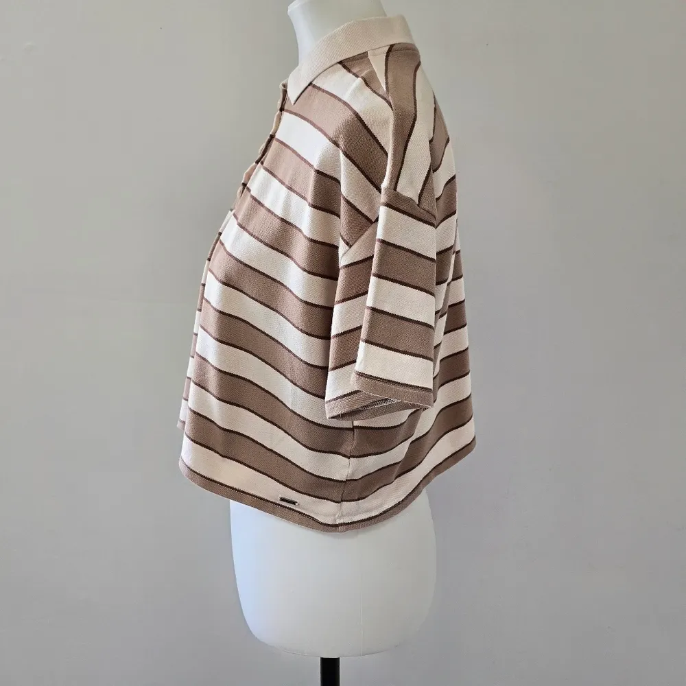 Hollister Brown & White Striped Cropped Polo Shirt Size Large - Image 3