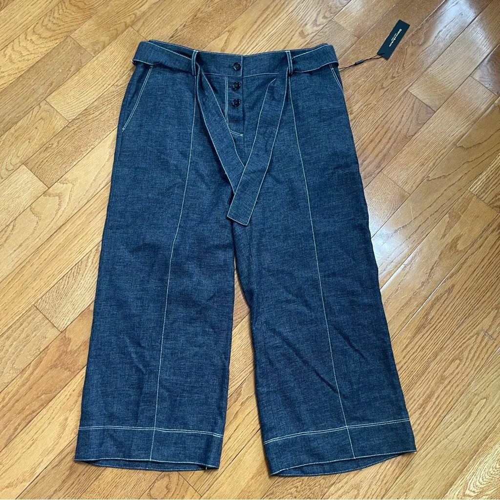 Donna Karan New York Linen Blend cropped pants with belt Blue Jean wide leg 12 - Image 2