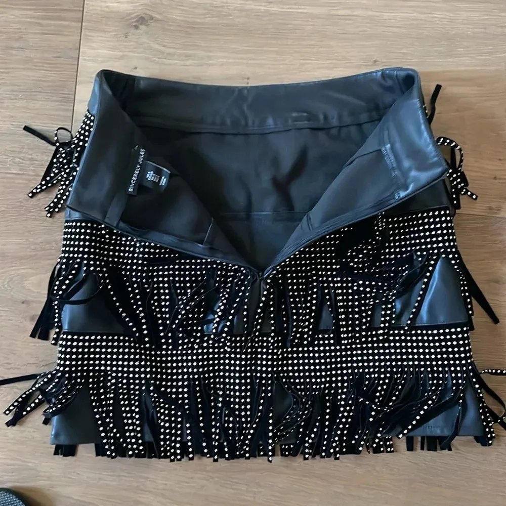 Sincerely Jules Black Faux Leather Mini Skirt Studded Fringe Detail Size Small - Image 10