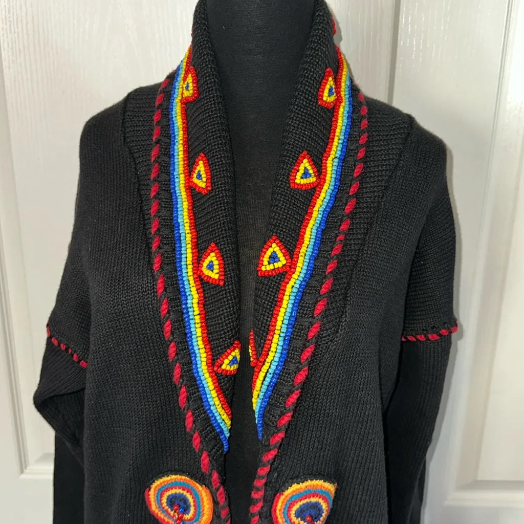 VTG NATIVE AMERICAN HAND BEADED COLORFUL GEOMETRIC CARDIGAN ARROWHEAD Black - Image 3