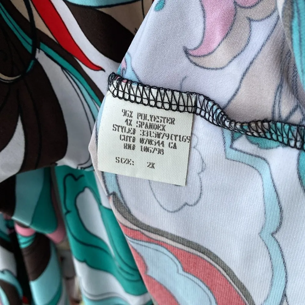 Lily 🩵 Geometric Retro Patterned Long Open Topper, Elastic Waist Front Tie, 2X Blue - Image 8