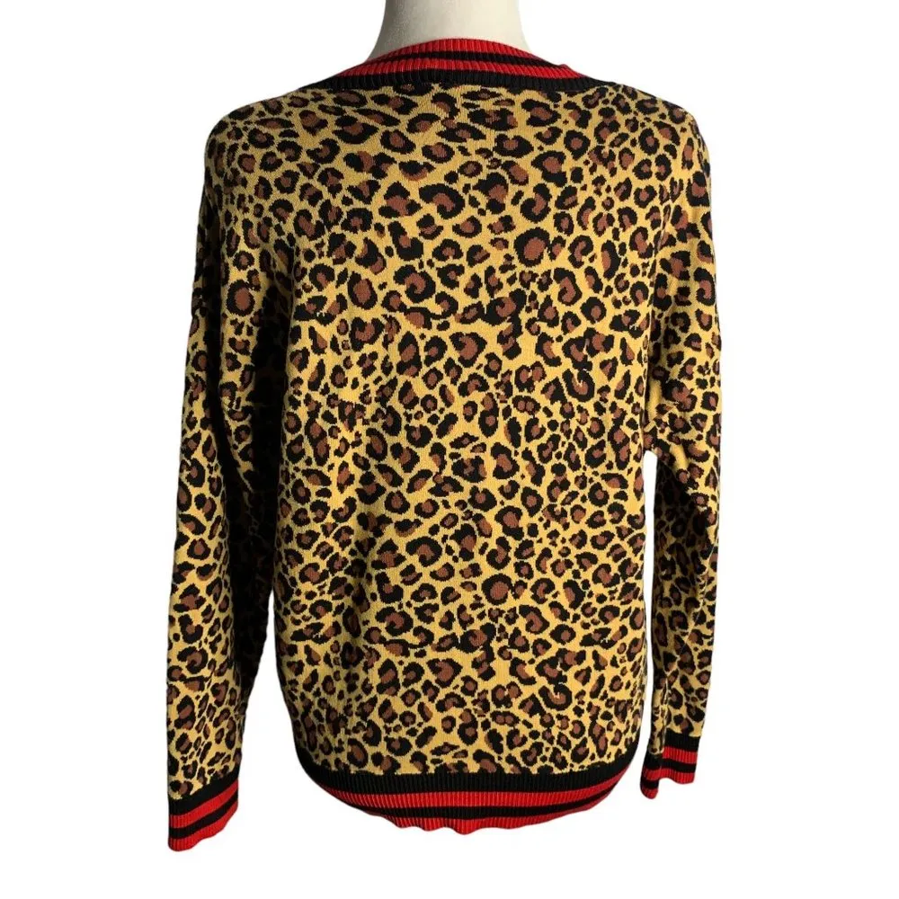 Asos Leopard Print V Neck Sweater 4 Brown Ribbed Knit Sport Trim Long Sleeves - Image 4