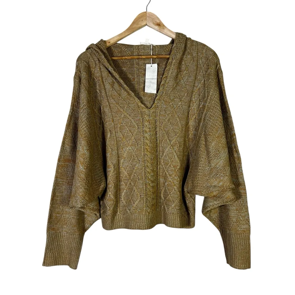 NWT Mystree Chunky-Knit Hooded Sweater Womens L Tan Cable-Knit Cottagecore - Image 2