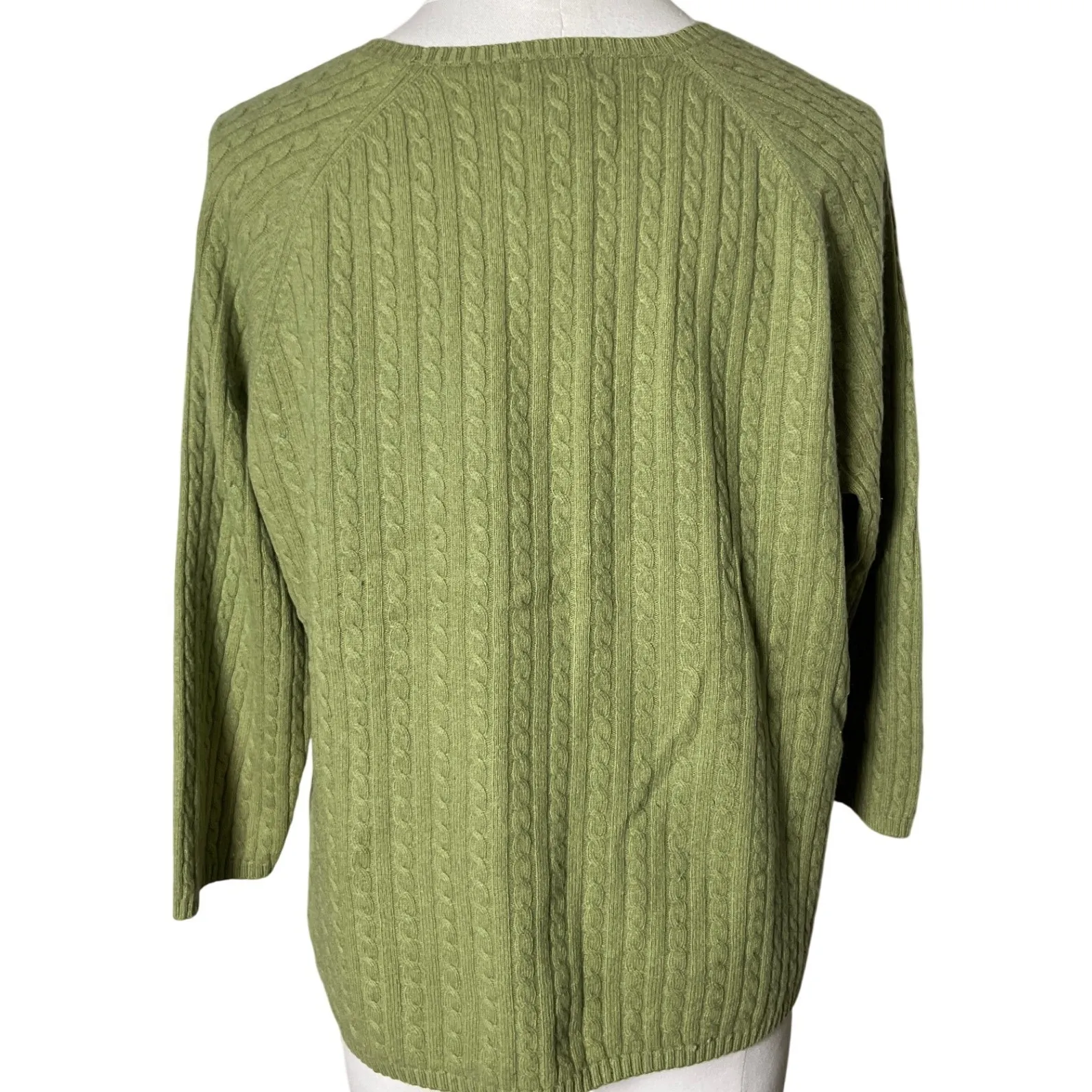 Classic Cable Knit Crewneck Sweater Sage Green Cashmere Blend L.L. Bean Large - Image 3