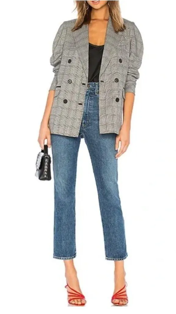 Joie Tomika Ruched Sleeve Plaid Blazer Jacket Women Size 10 Caviar Multi Grey - Image 3