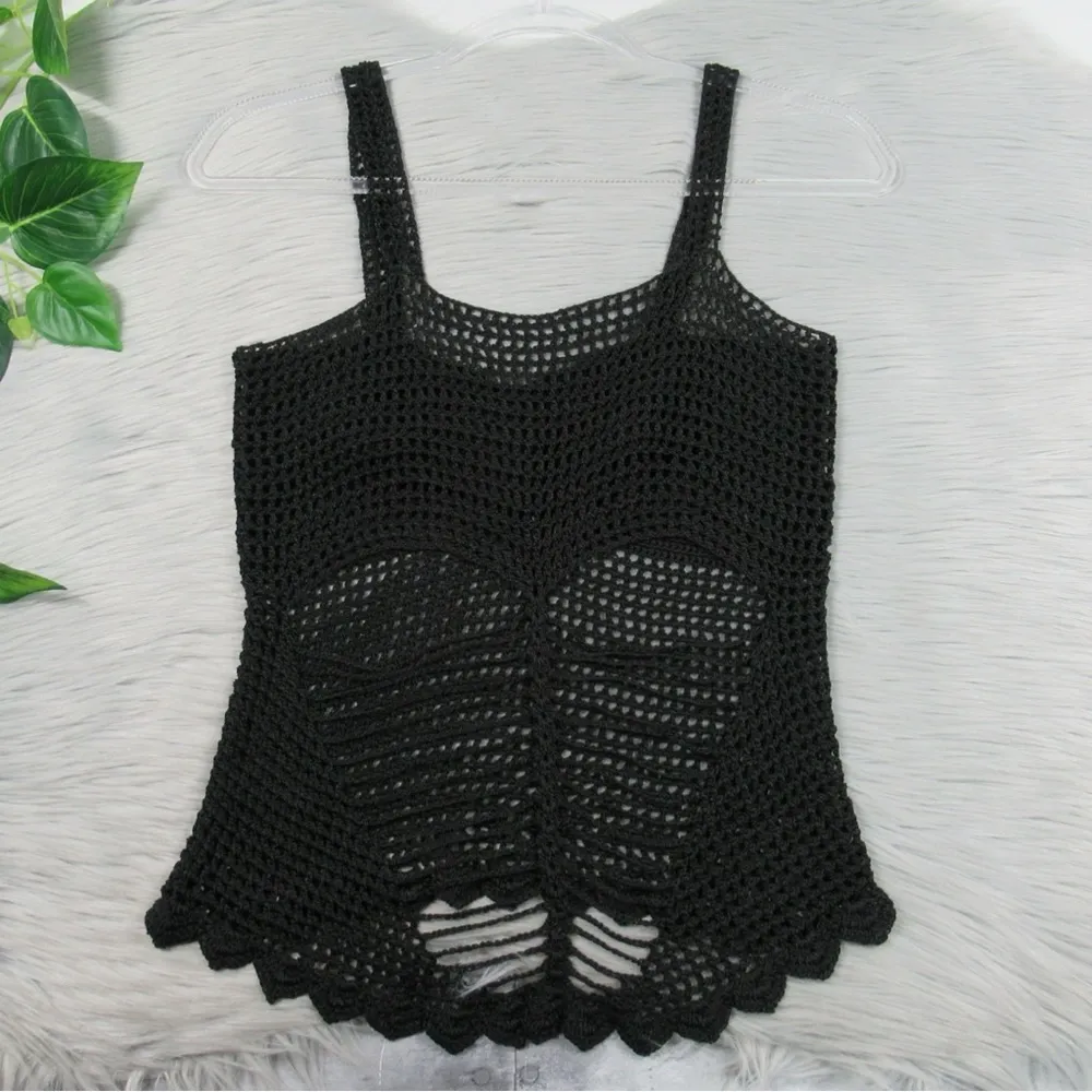 Crochet Tank Top Open Knit Black Cami Sheer Cut - Image 9