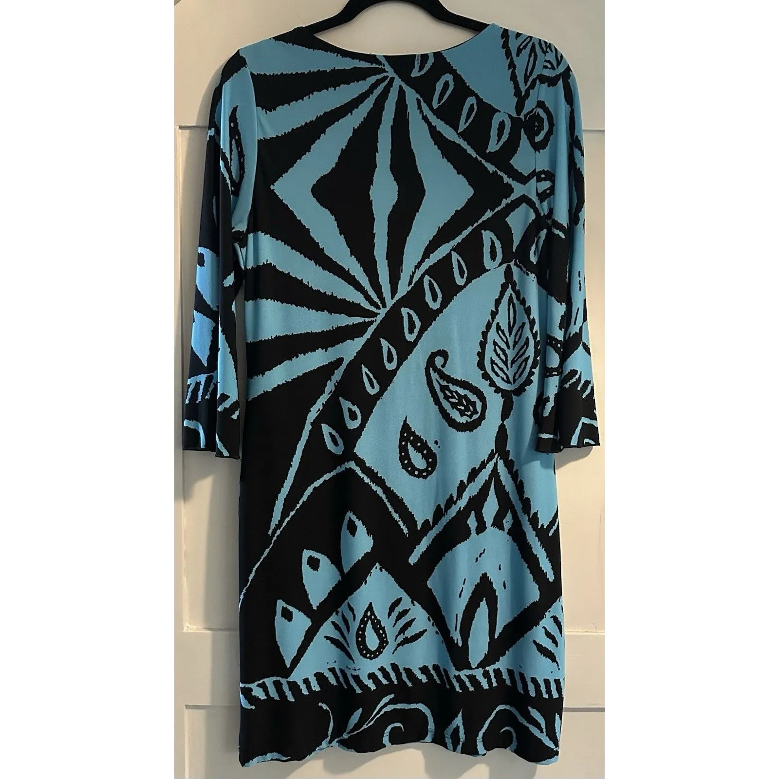 Nicola Antoni 3/4 Sleeve Flowy Blue & Black Sheath Stretch Dress Size L - Image 4