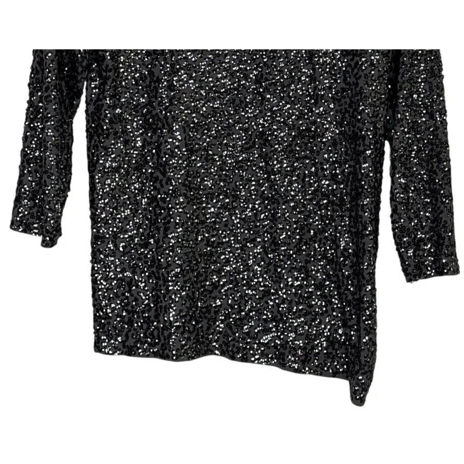 J. Crew Metallic Sequin 3/4Sleeve Stretch Sparkly Blouse Boatneck 2 Black Silver - Image 6