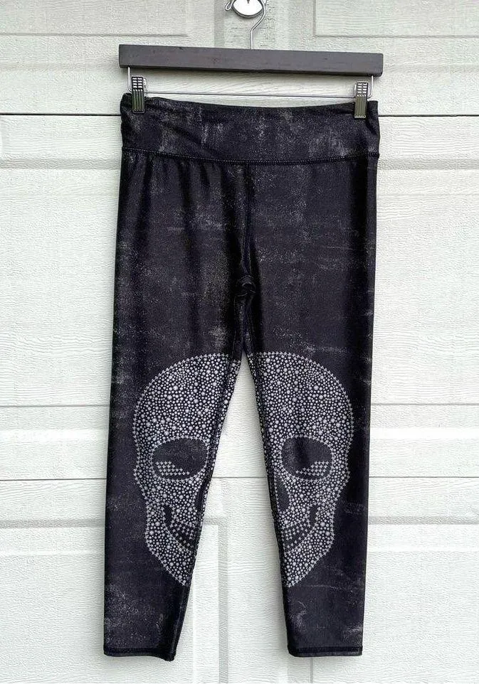 Evolution and Creation Womens Leggings Skull Faux Bling Gray White Active Medium - Image 1