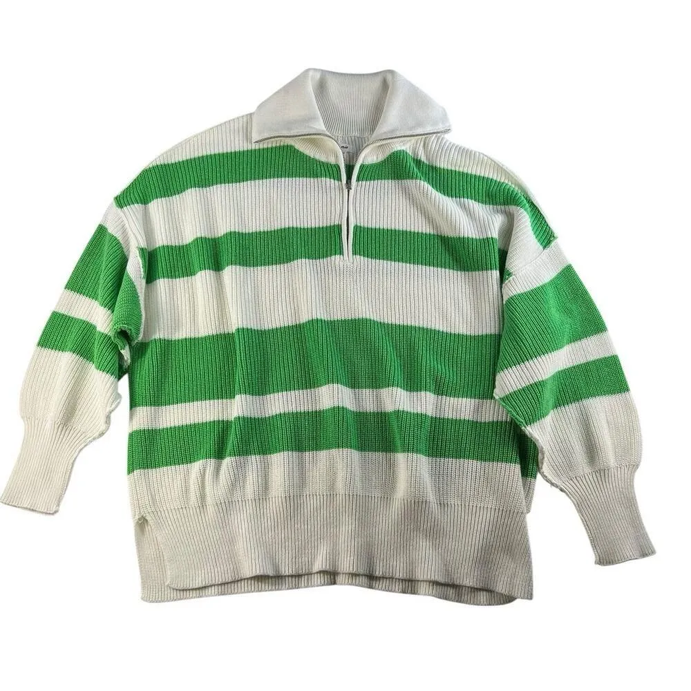 Aerie L Large Oversized Beyond Quarter Zip Sweater Knit Polo Green Stripe Womens - Image 3