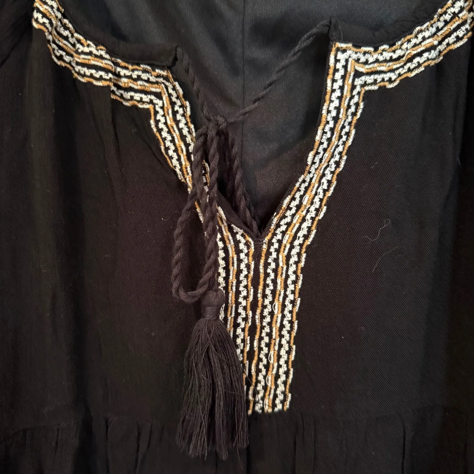 Old Navy Embroidered Gauze Tassel Tie Mini Dress Women's Large Black Boho Hippie - Image 6