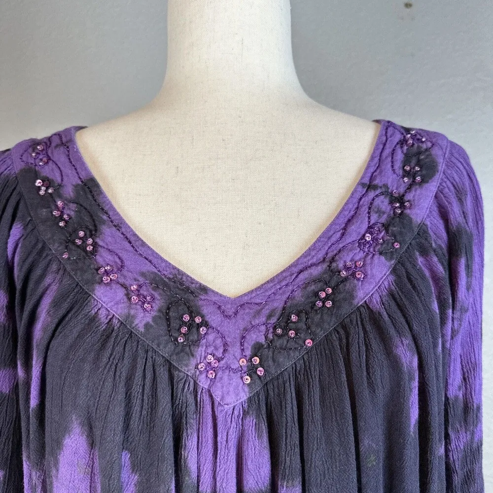 Sacred Threads  Womens Tunic Top One Size Purple Black Tie Dye Beaded Sequins - Image 2