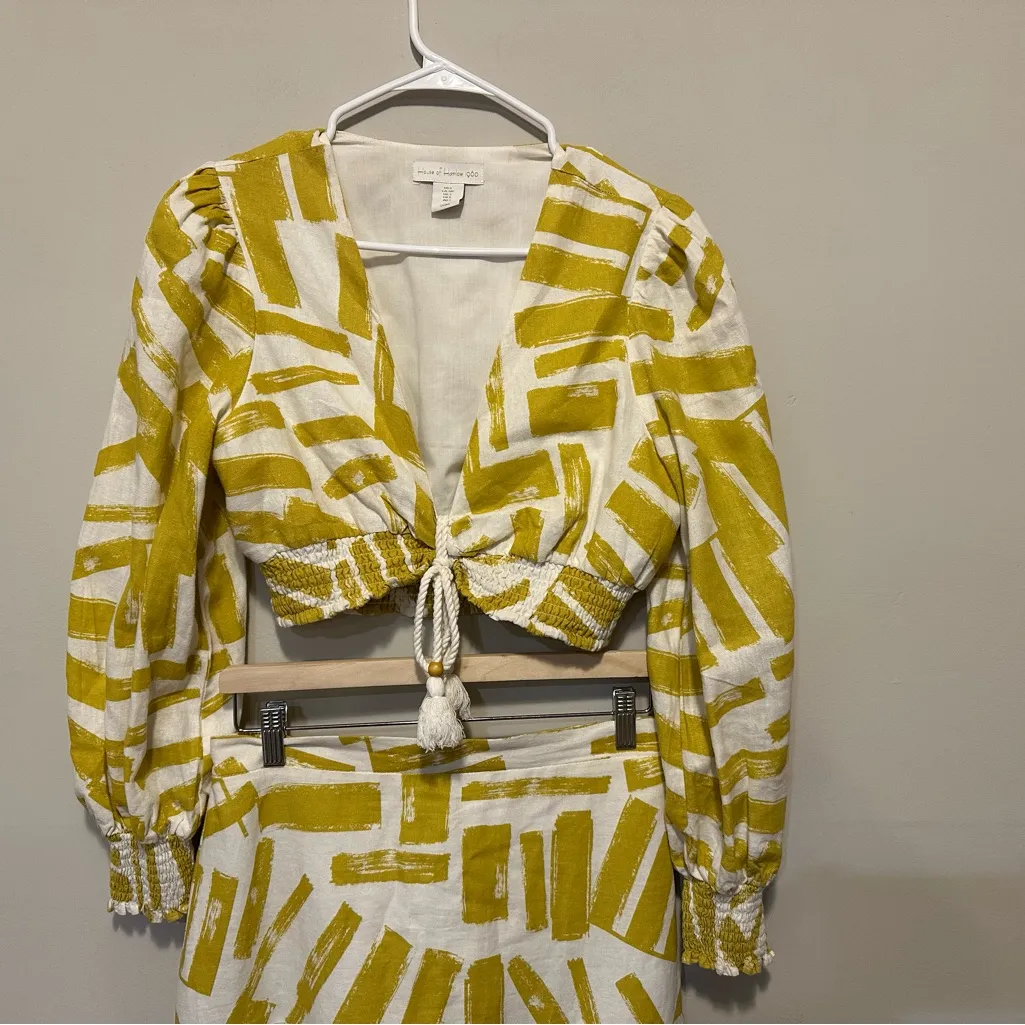 house of harlow 1960 Long Sleeve Linen Crop Top With Tiered Maxi Skirt Set Sz S Yellow - Image 7