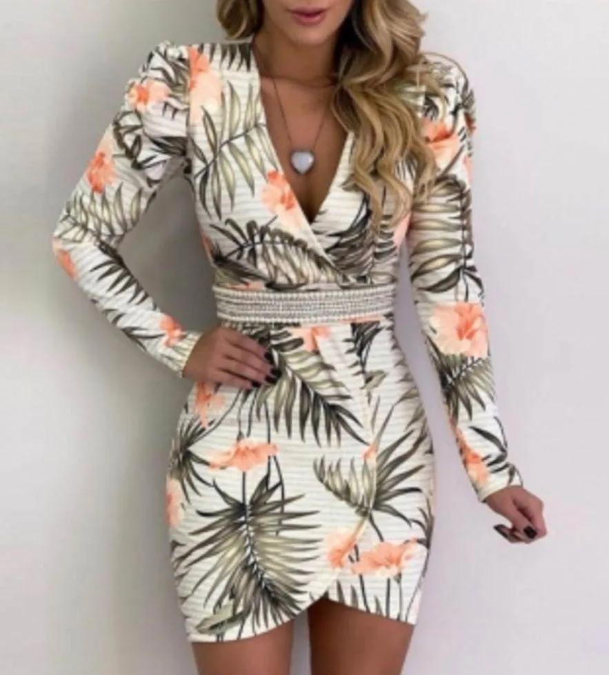 NWT!! CBR Fitted Tropical Print and Stripes Long Puff Sleeve Dress Green Size M - Image 5