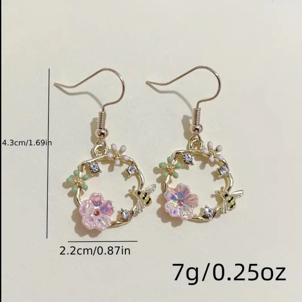 Delicate Floral‎ Circle Golden Plated Earrings with Bee & White Flower Design Gold - Image 2