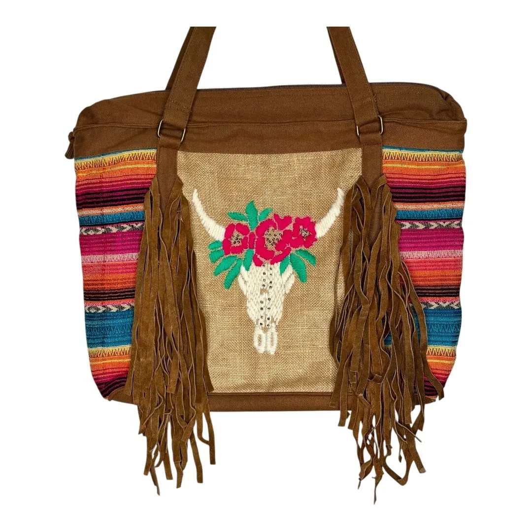 Boho Leather Serape Tote Bag‎ Cow Skull Embroidered Fringe Shoulder Bag Large Brown - Image 11