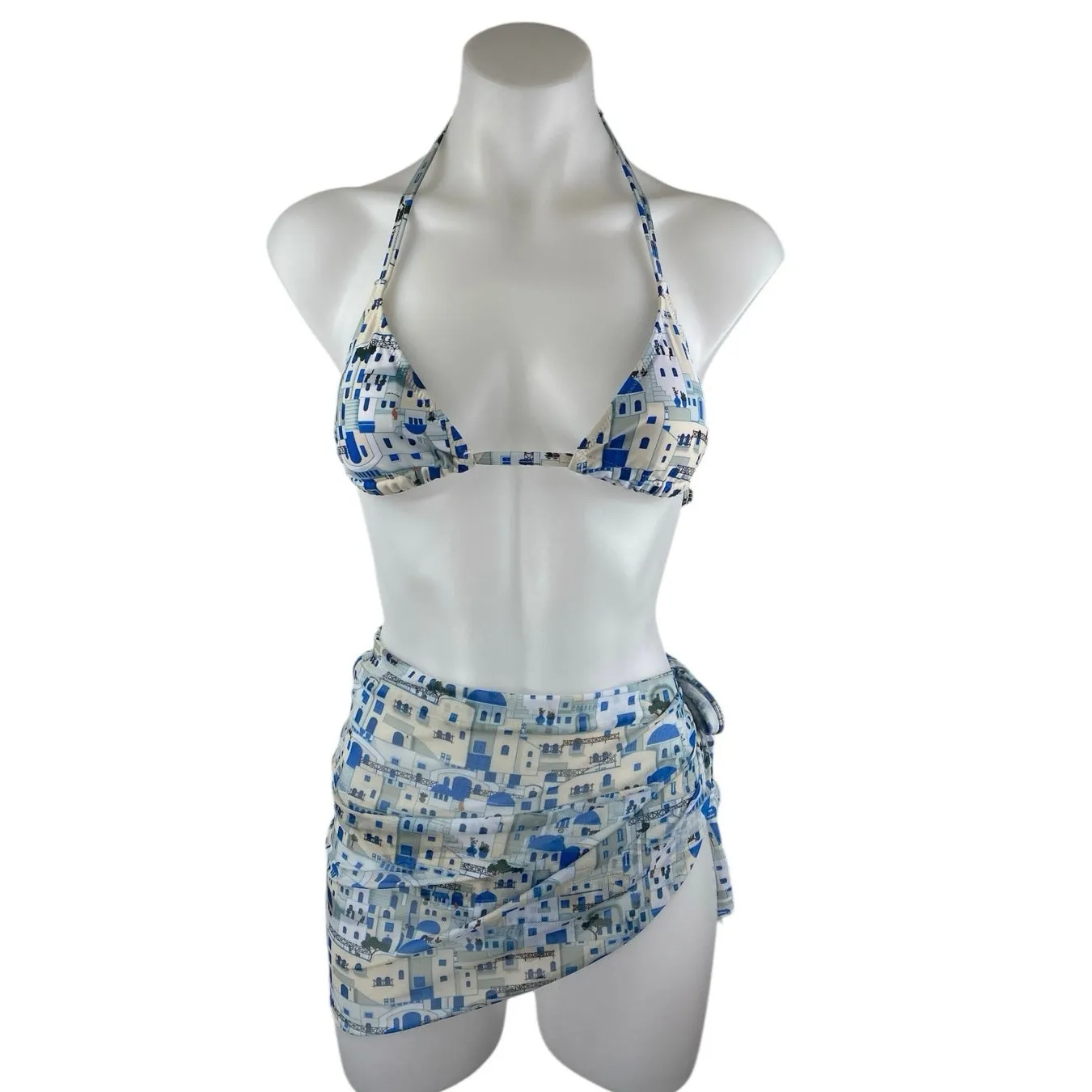 NEW Jimmi Blue Santorini Graphic Print Halter Cover Up Two Piece Bikini Set Sz M Size M - Image 3