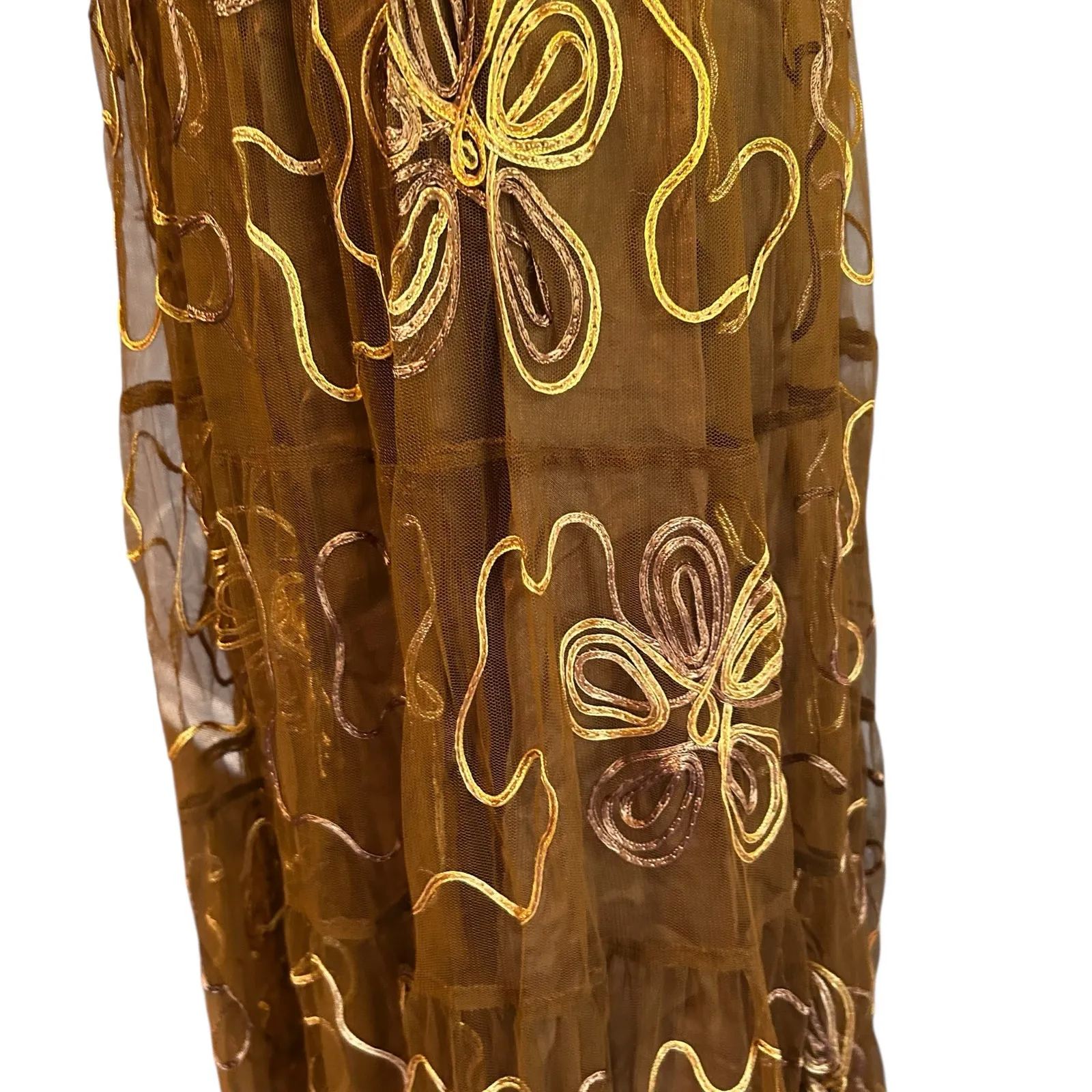 Sterling Styles Maxi Skirt Brown W/ Gold Embroidery One Size Lining Tulle Boho - Image 3