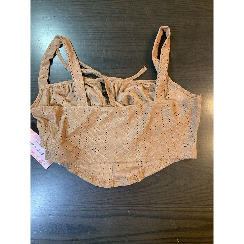 Coquette Babydoll Retro Eyelet Crop Top Large Brown Sexy Keyhole Tie Fun‎ Shein - Image 17