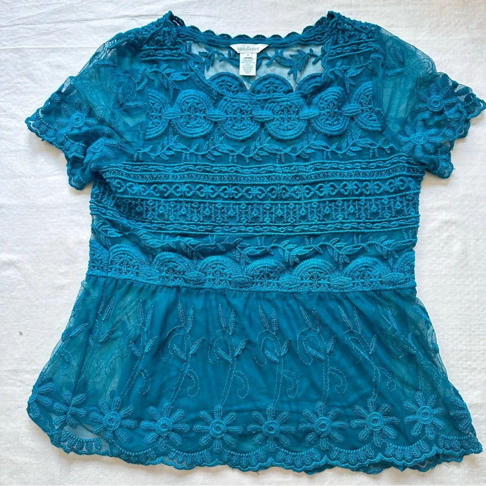 Sense of Wonder Top in Teal Embroidered Lace Short Sleeve Size Medium - Image 2