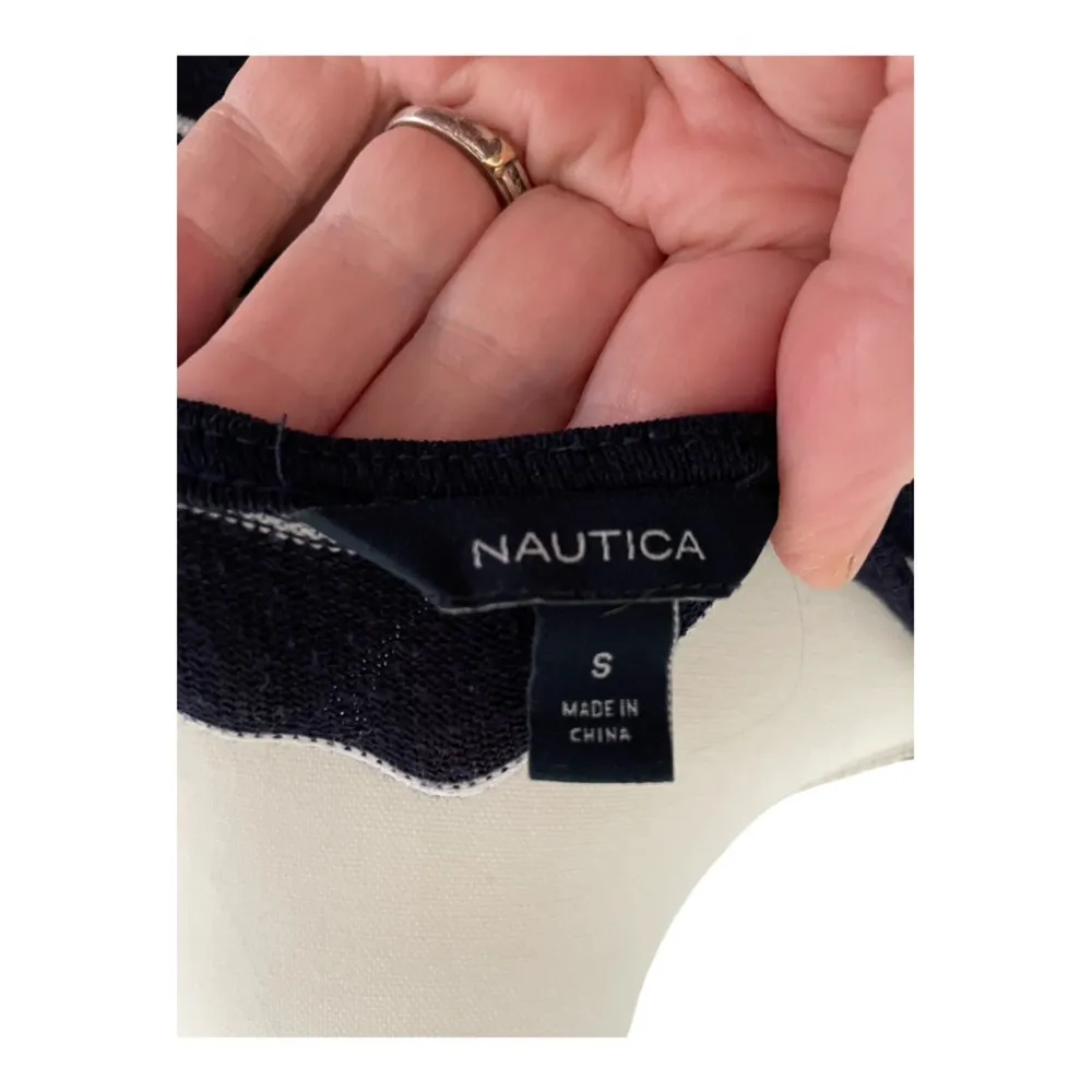 Women Nautica Long Sleeve Pullover Crew Neck Navy Blue And White Striped Dress - Image 4