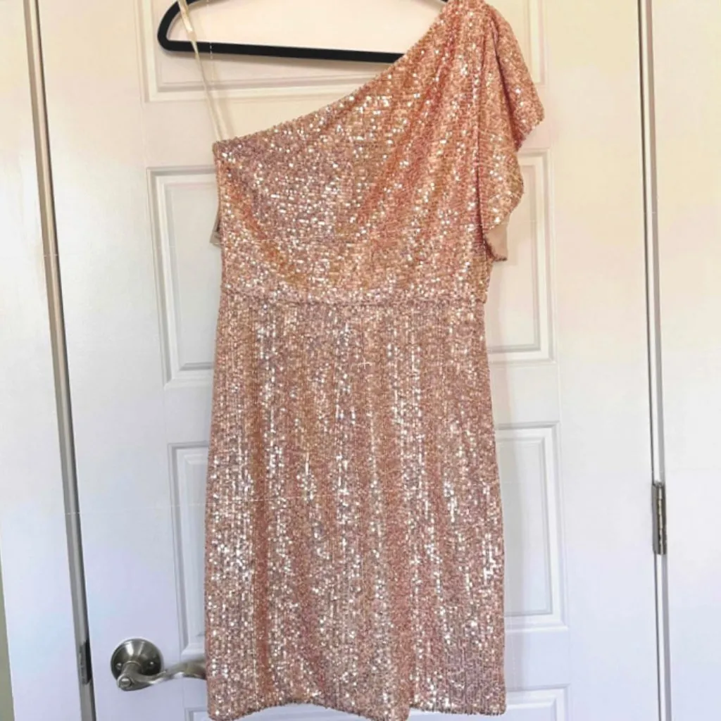 Shoshanna Dahlia Sequin One-Shoulder Ruffle Sleeve Minidress, Rose Gold / Pink, - Image 4