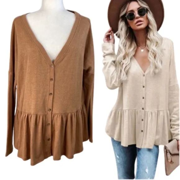 Peplum Hem Oversized Cardigan Sweater Neutral Minimalist Rayon Size Medium - Image 2