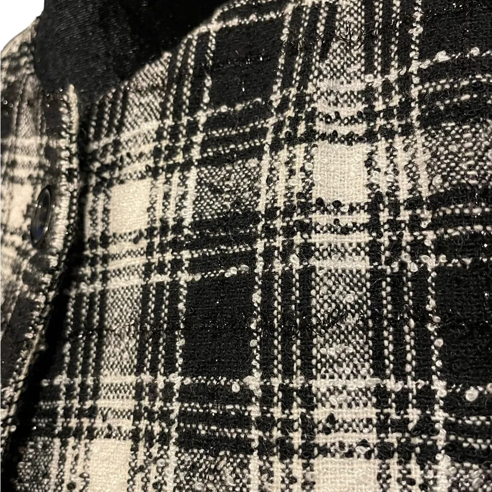 Preston & York Black White Sparkly Wool Tweed Plaid Long Sleeve Button Up Coat - Image 2