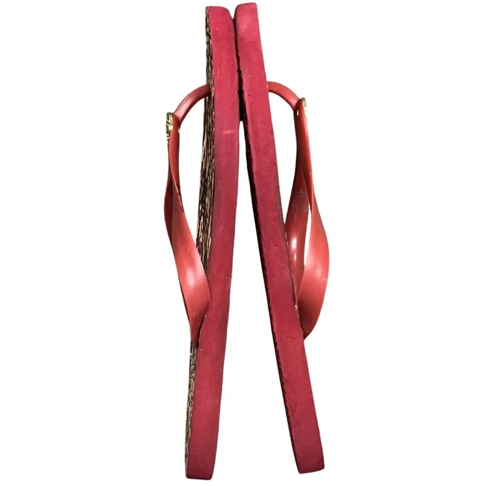 Tory Burch Flip Flops Womens 9 Burgundy Red Ikat Logo Medallion Beach Resort - Image 7