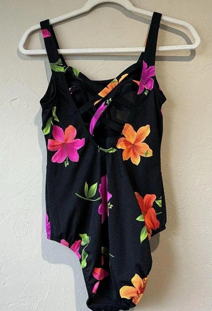 LONGITUDE Vintage floral purple green black bold colored one piece swimsuit sz 8 - Image 6