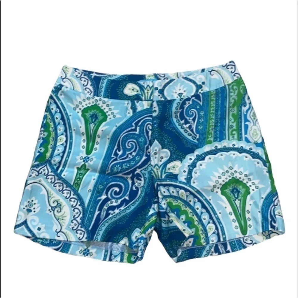 J. McLaughlin 100% silk Cannes morrocan blue Green Paisley shorts size 10 - Image 5