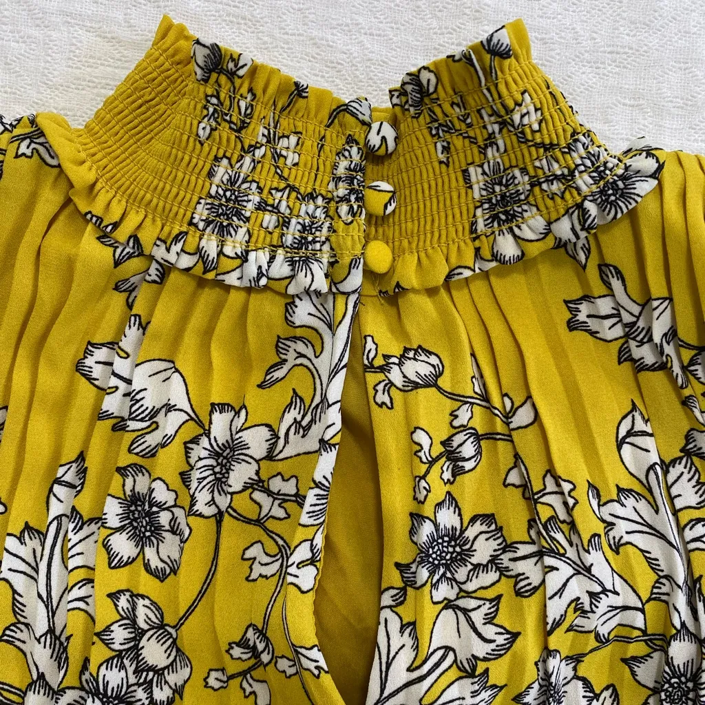 Nanette Lepore Women Sz 4 Pleated Mock Neck Smocked Sleveless Floral Midi Dress - Image 6