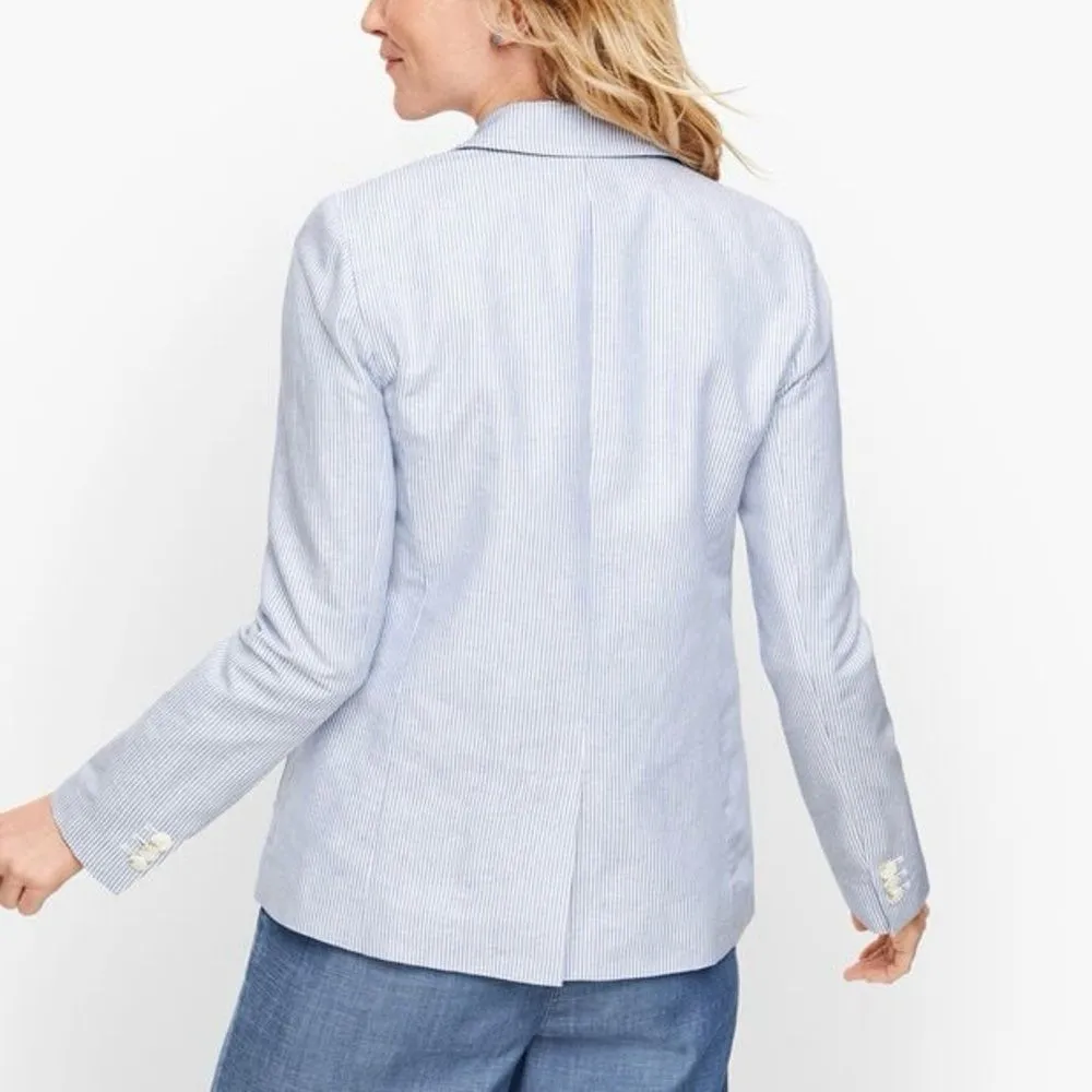 Talbots Linen Blend Seersucker Striped Blazer‎ Jacket Blue White 10 Preppy - Image 5