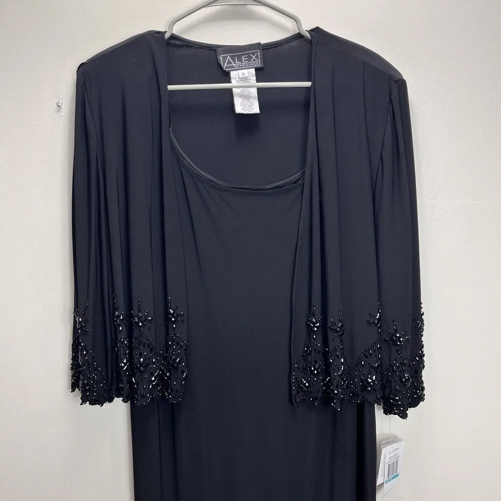 NWT Alex‎ Evenings Black Beaded Scalloped Two Piece Midi Stretch Dress Size 16 - Image 4