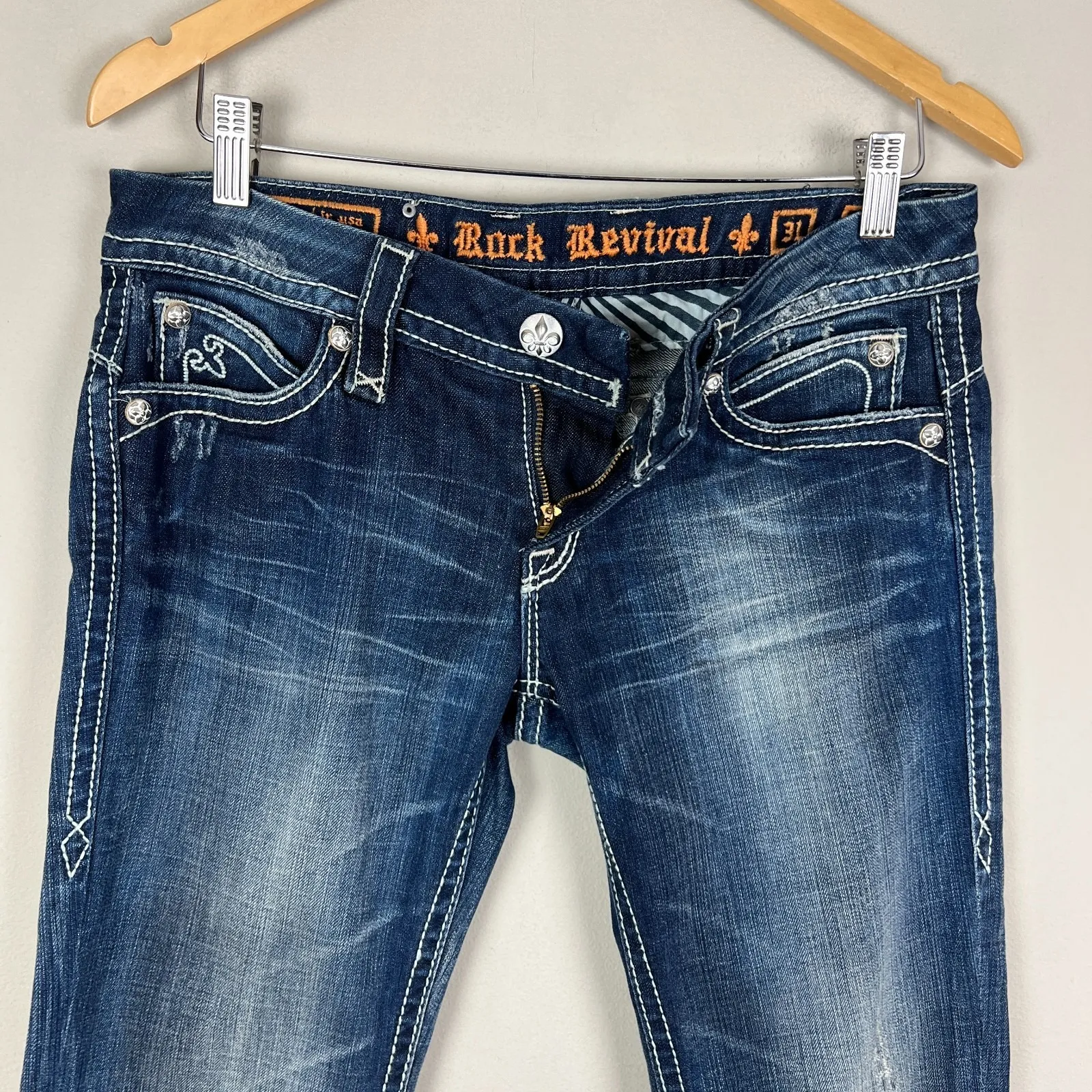 Y2K Rock Revival Sasha Boot Jeans Womens 31 Dark Wash Denim Flap Rhinestones - Image 6