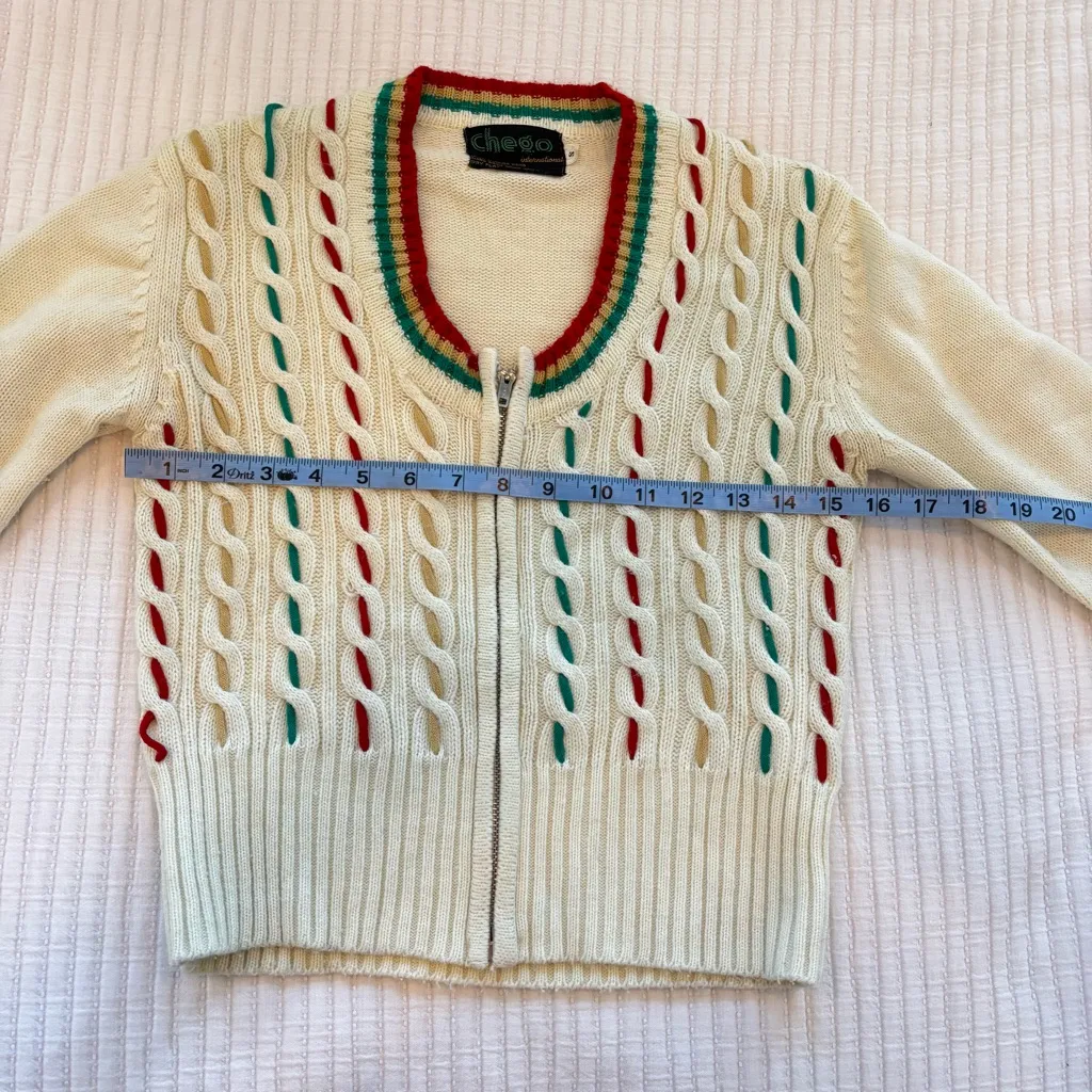 Chego International 70's Vintage Cream Cable Knit Zip Up Women's Sweater Size S Green - Image 7