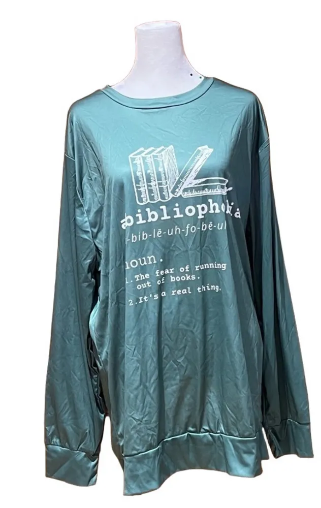 Abibliophobia Womens Funny Reading Graphic Crewneck Long Sleeve Pullover Green Size XL - Image 2