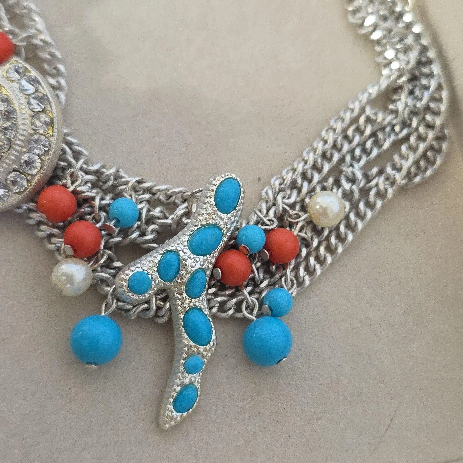 Vintage Silver Chain Choker Necklace Earrings Set Chunky Sea Life Blue - Image 5