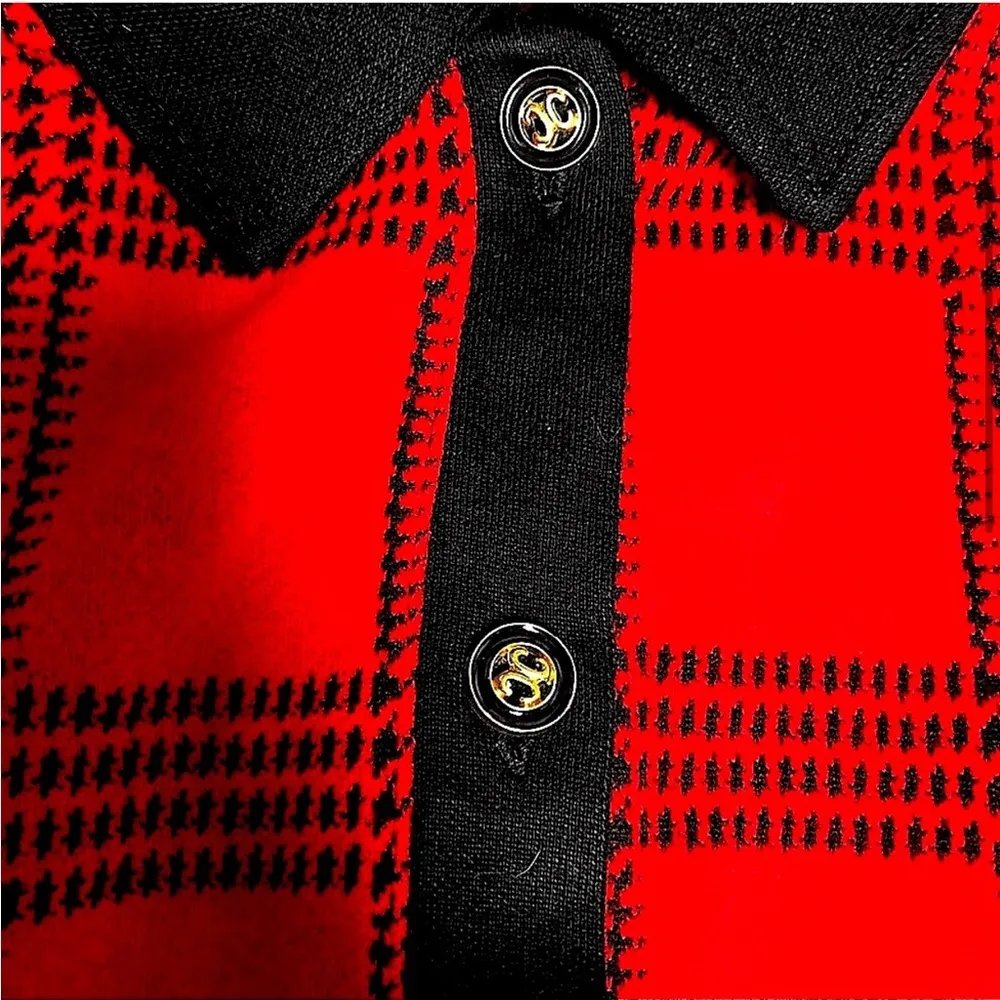 Vintage 80s 90s George Preppy Plaid Cardigan Sweater Gold Buttons Red & Black M Size M - Image 3