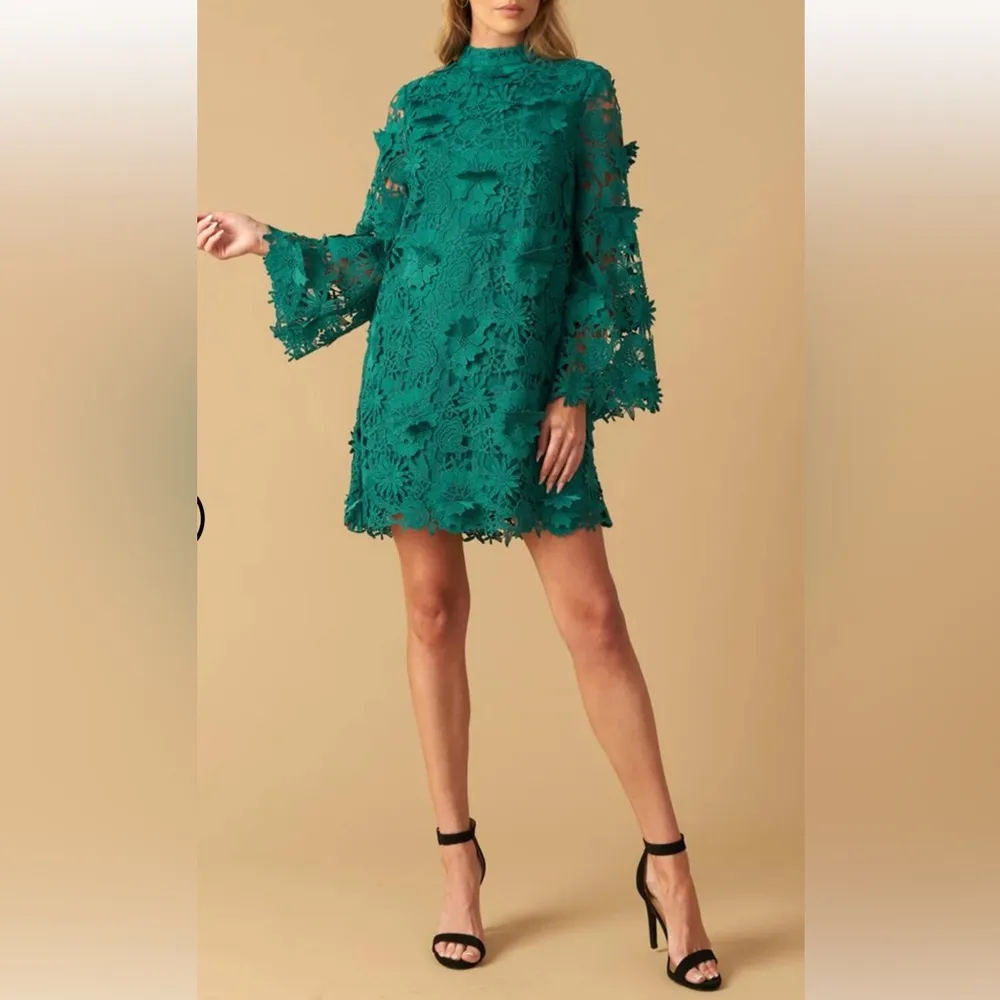 J.Marie Seraphina 3D Floral Green Lace Applique Button Down Midi Dress XS D8 - Image 4