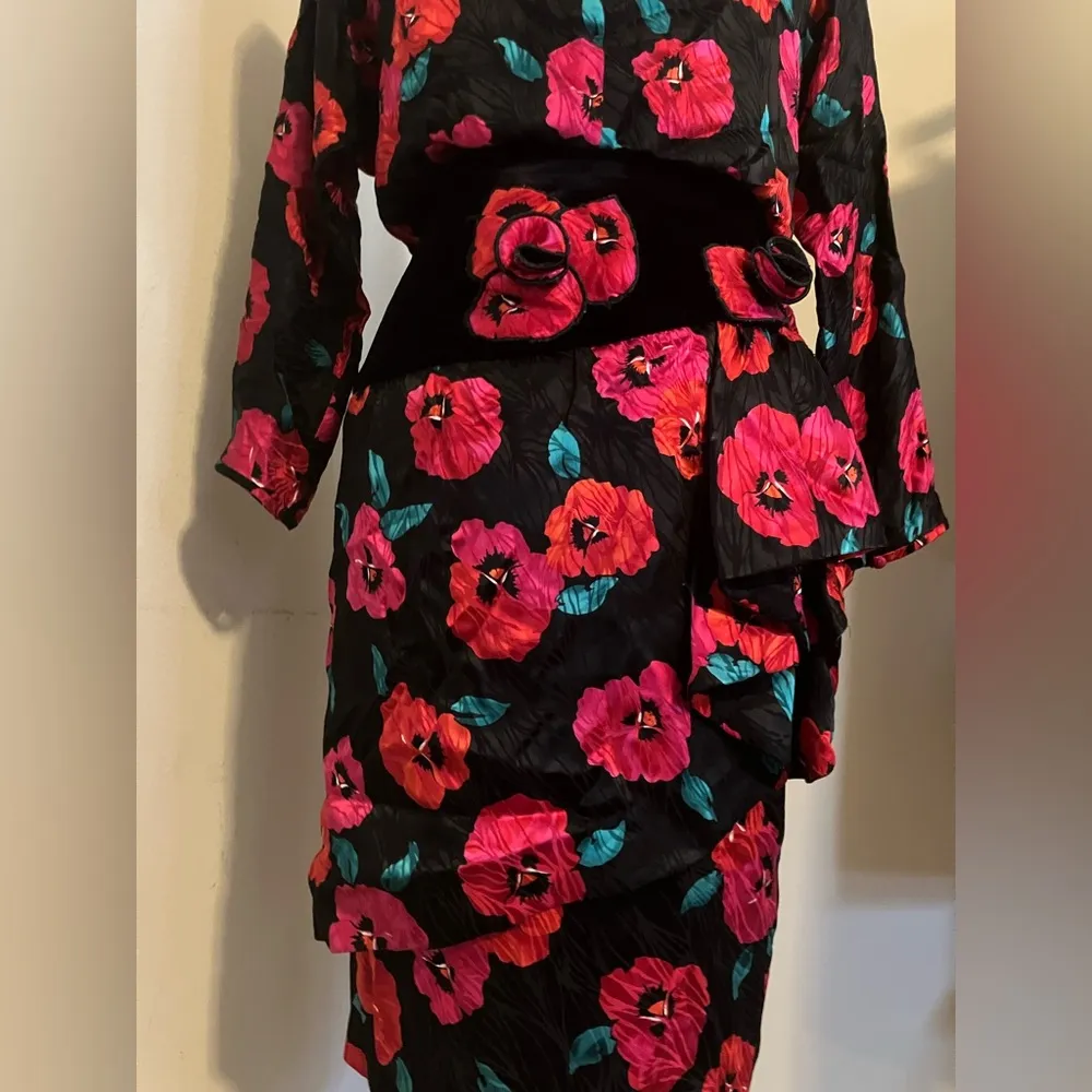 VTG A.J. BARI SILK Black Floral Puffy Sleeve Party Prom Formal Dress sz 12 80s Red - Image 5