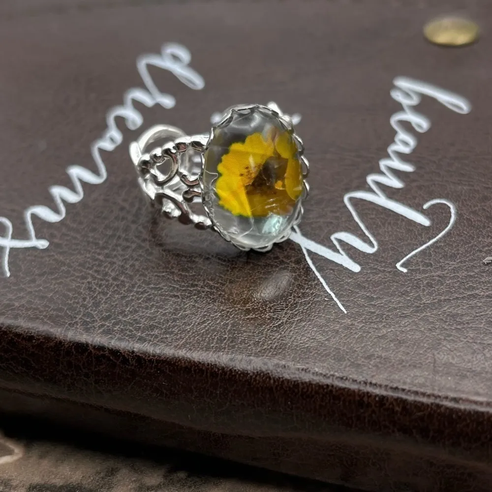 Yellow Daisy Glass Cabochon Ring Adjustable Stainless Handmade - Image 11