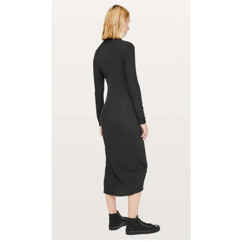 Lululemon Nai Black Long Sleeve Turtleneck Lightweight Bodycon Midi Dress Size 2 - Image 2