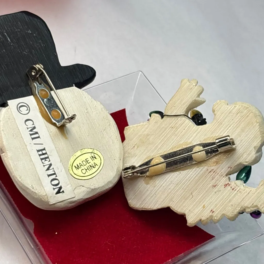 Snowman & Snowlady Wooden Brooches By CMI Henton White - Image 2